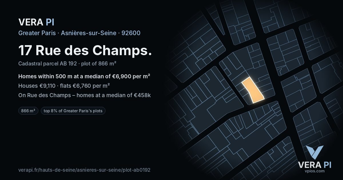17 Rue des Champs, Asnières-sur-Seine at night – the plot lit, the parcels around coloured by the prices near them