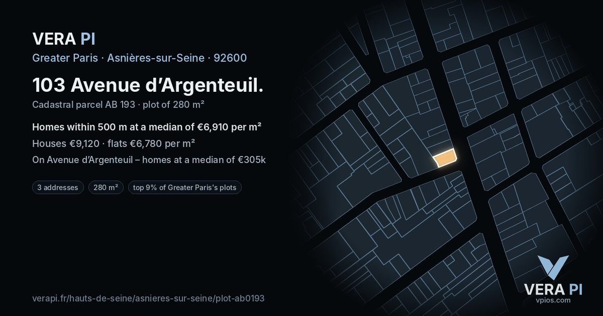 103 Avenue d’Argenteuil, Asnières-sur-Seine at night – the plot lit, the parcels around coloured by the prices near them