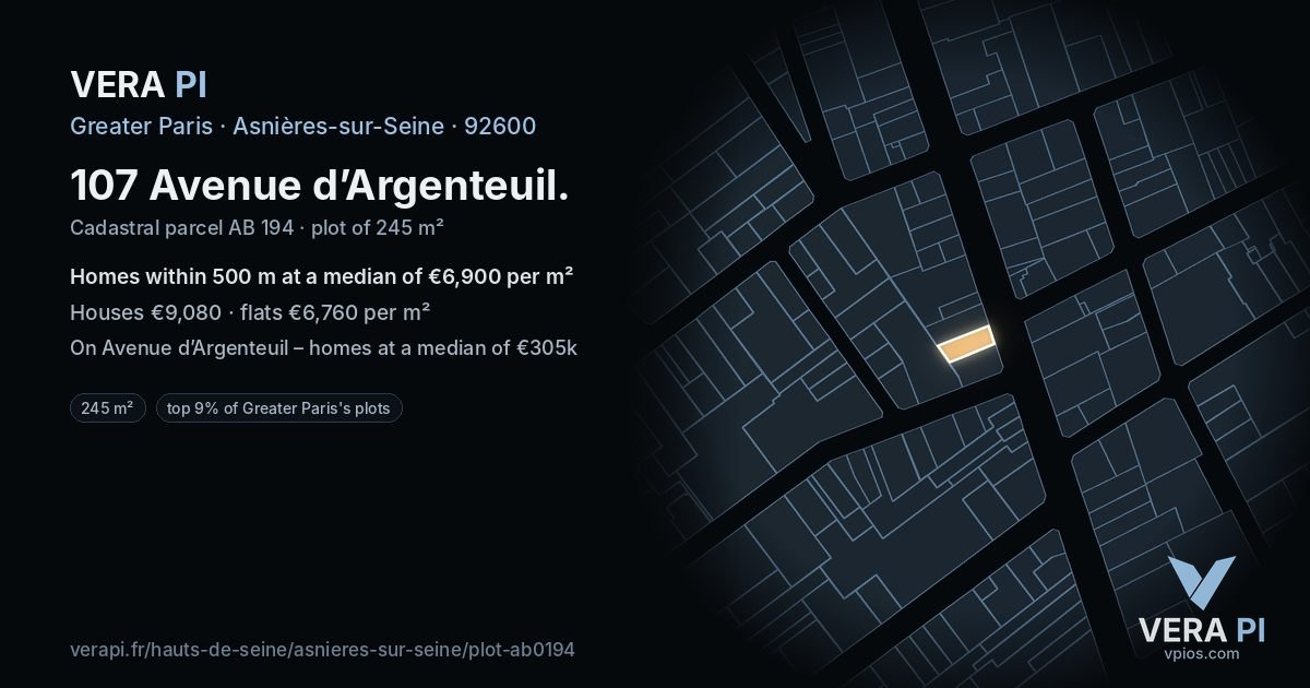 107 Avenue d’Argenteuil, Asnières-sur-Seine at night – the plot lit, the parcels around coloured by the prices near them