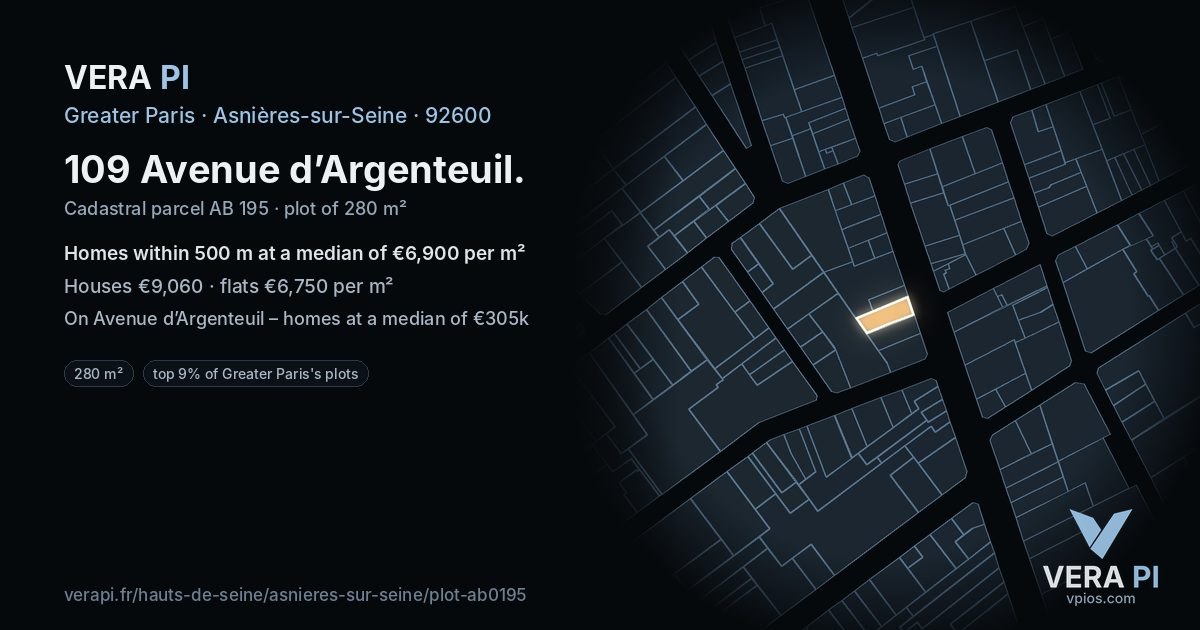109 Avenue d’Argenteuil, Asnières-sur-Seine at night – the plot lit, the parcels around coloured by the prices near them