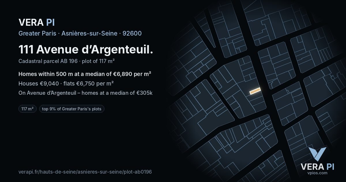 111 Avenue d’Argenteuil, Asnières-sur-Seine at night – the plot lit, the parcels around coloured by the prices near them
