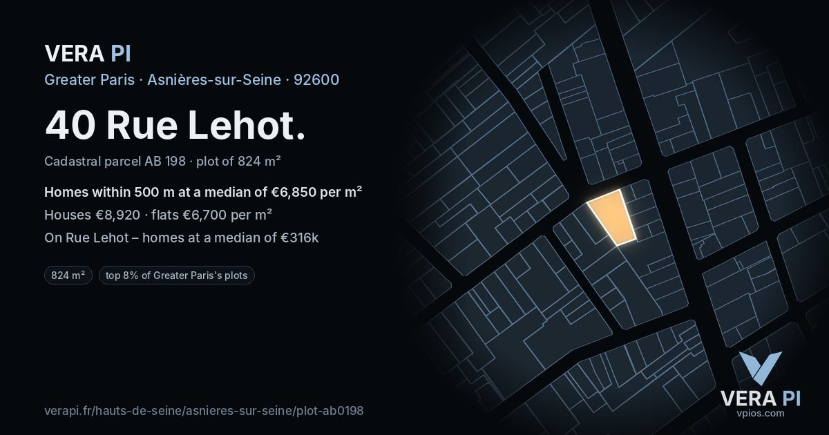 40 Rue Lehot, Asnières-sur-Seine at night – the plot lit, the parcels around coloured by the prices near them