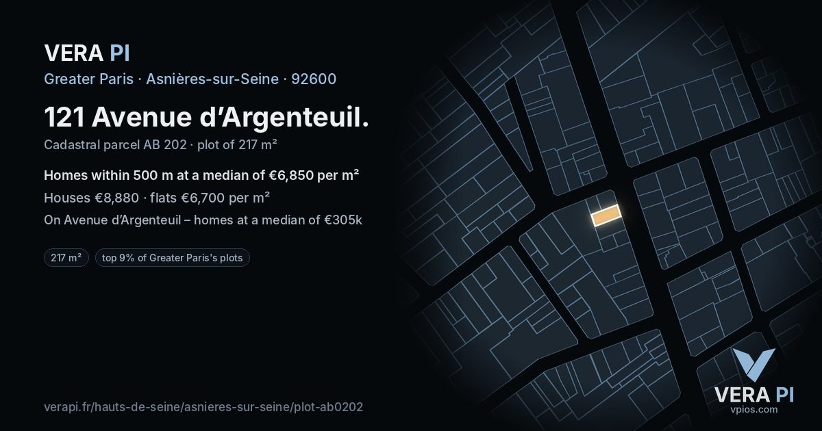 121 Avenue d’Argenteuil, Asnières-sur-Seine at night – the plot lit, the parcels around coloured by the prices near them