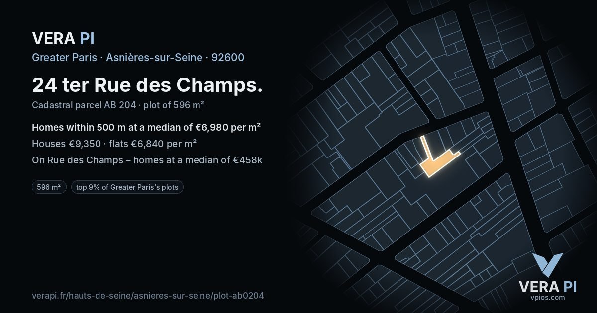 24 ter Rue des Champs, Asnières-sur-Seine at night – the plot lit, the parcels around coloured by the prices near them
