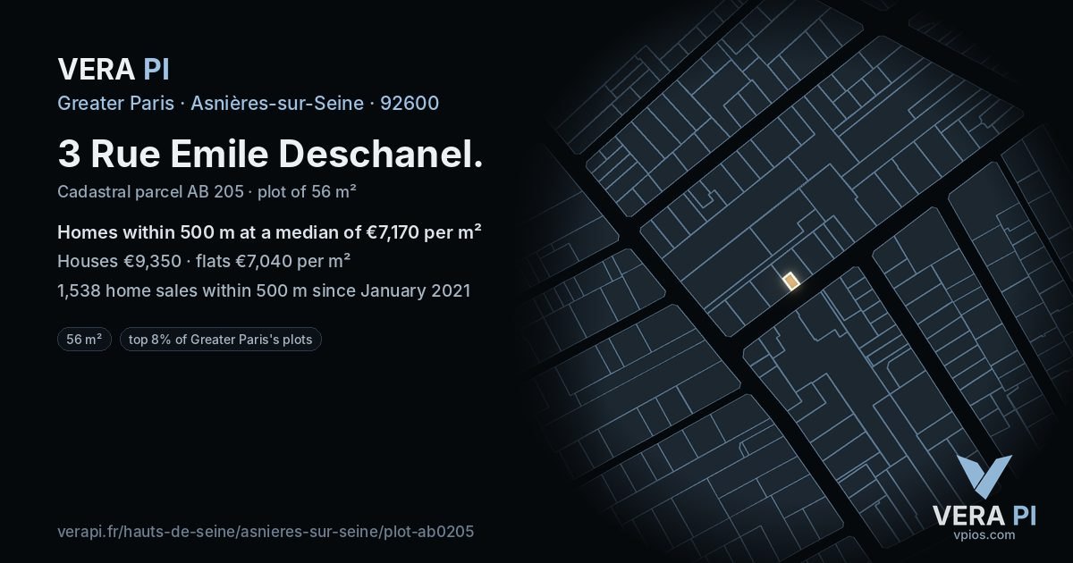 3 Rue Emile Deschanel, Asnières-sur-Seine at night – the plot lit, the parcels around coloured by the prices near them