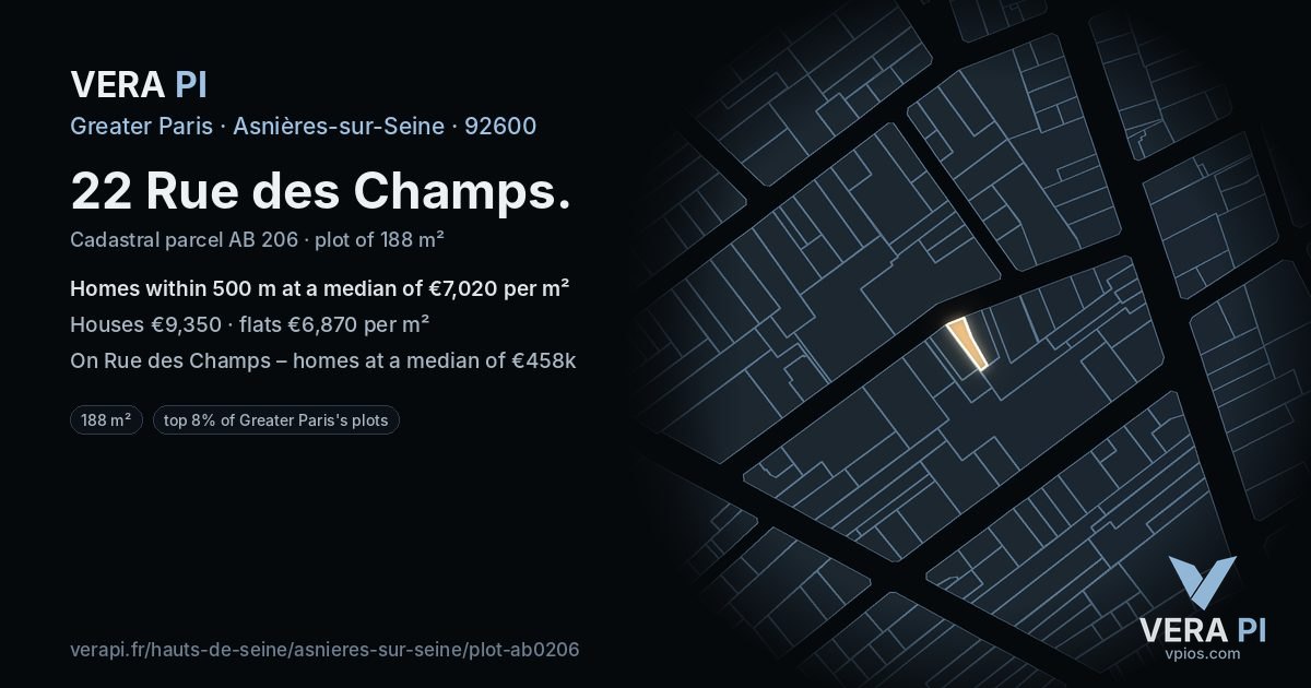 22 Rue des Champs, Asnières-sur-Seine at night – the plot lit, the parcels around coloured by the prices near them