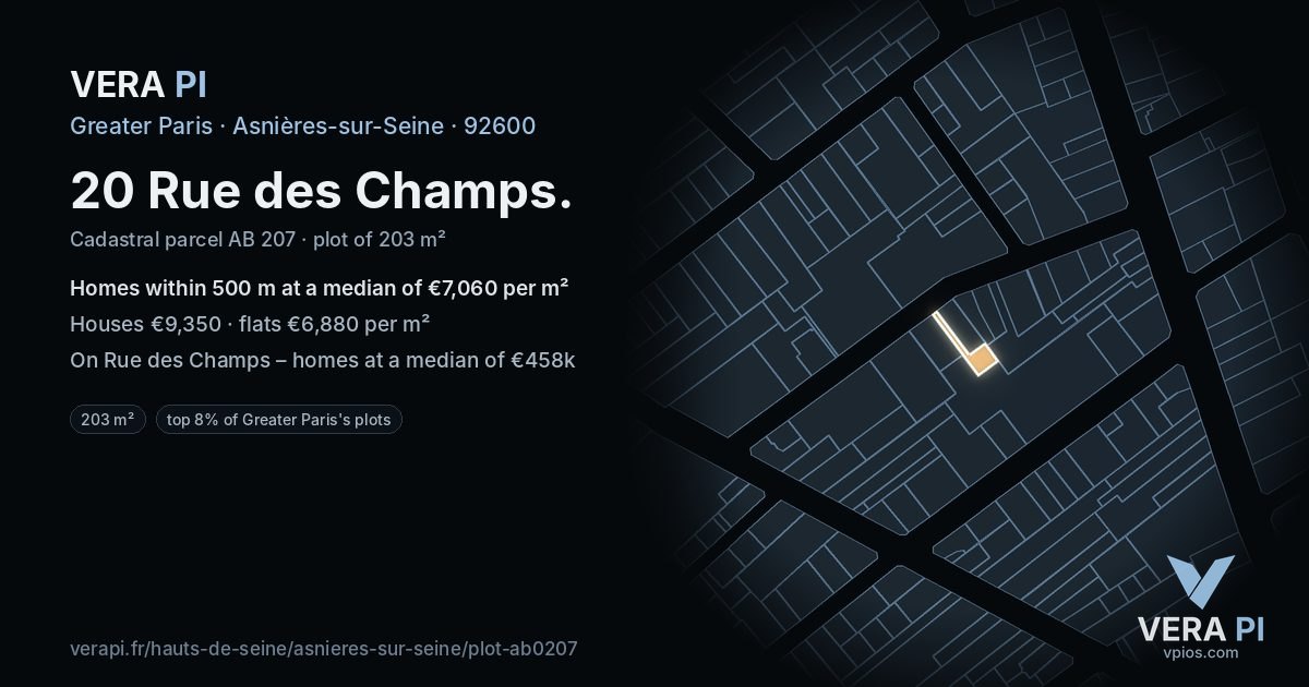 20 Rue des Champs, Asnières-sur-Seine at night – the plot lit, the parcels around coloured by the prices near them