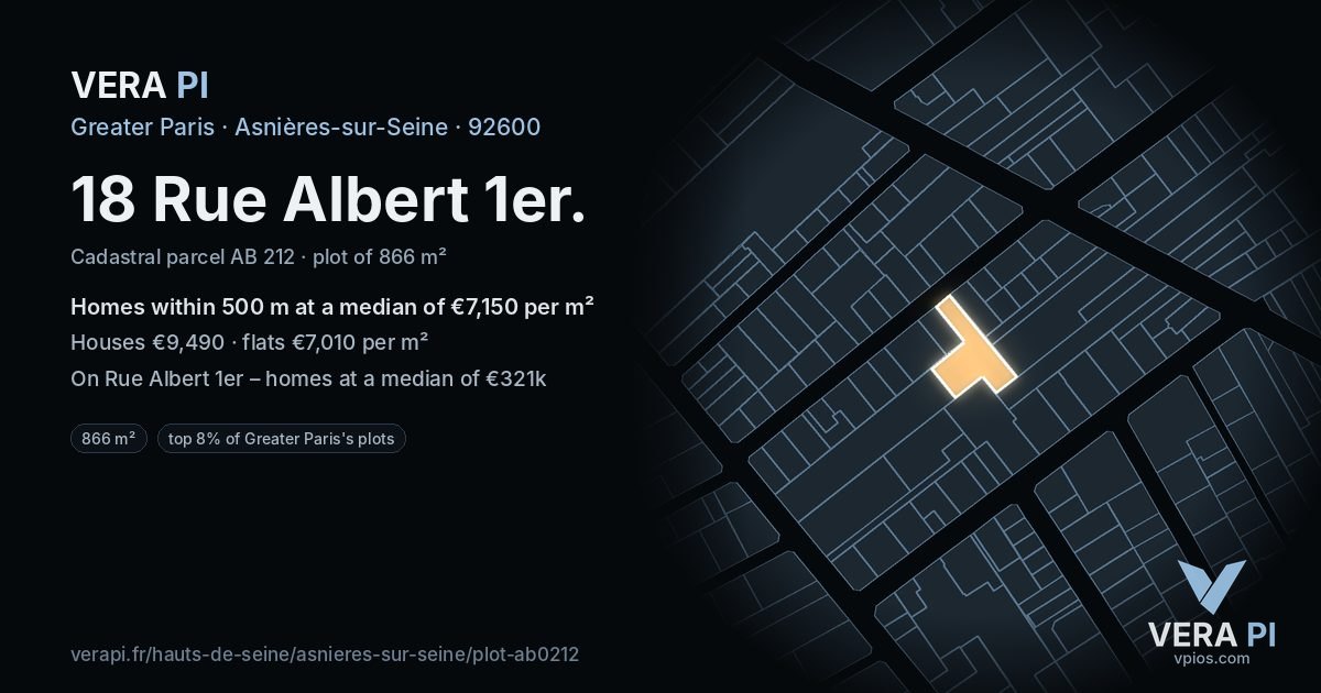18 Rue Albert 1er, Asnières-sur-Seine at night – the plot lit, the parcels around coloured by the prices near them