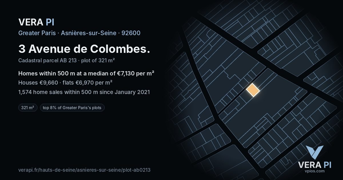 3 Avenue de Colombes, Asnières-sur-Seine at night – the plot lit, the parcels around coloured by the prices near them
