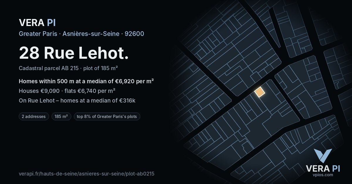 28 Rue Lehot, Asnières-sur-Seine at night – the plot lit, the parcels around coloured by the prices near them
