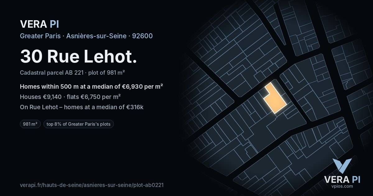 30 Rue Lehot, Asnières-sur-Seine at night – the plot lit, the parcels around coloured by the prices near them
