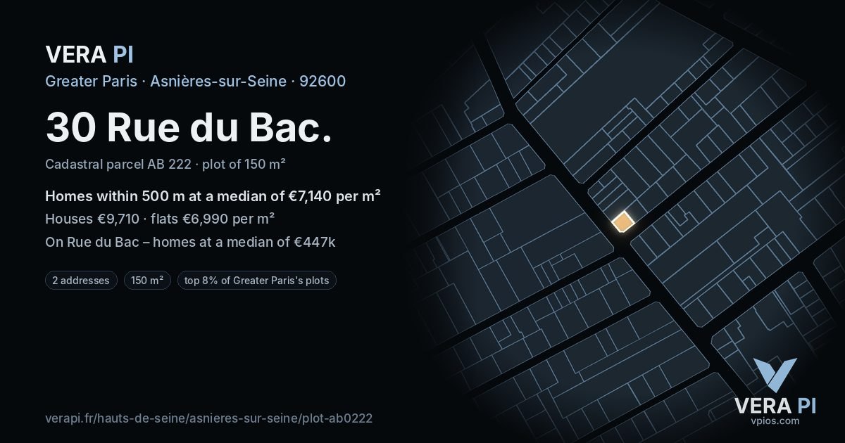30 Rue du Bac, Asnières-sur-Seine at night – the plot lit, the parcels around coloured by the prices near them