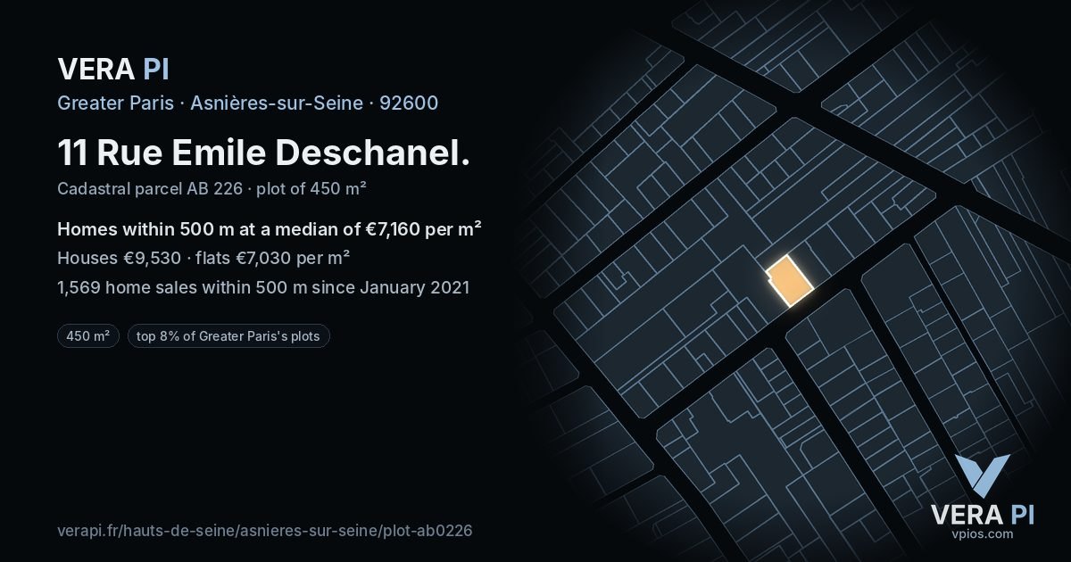 11 Rue Emile Deschanel, Asnières-sur-Seine at night – the plot lit, the parcels around coloured by the prices near them