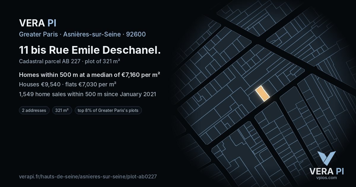 11 bis Rue Emile Deschanel, Asnières-sur-Seine at night – the plot lit, the parcels around coloured by the prices near them