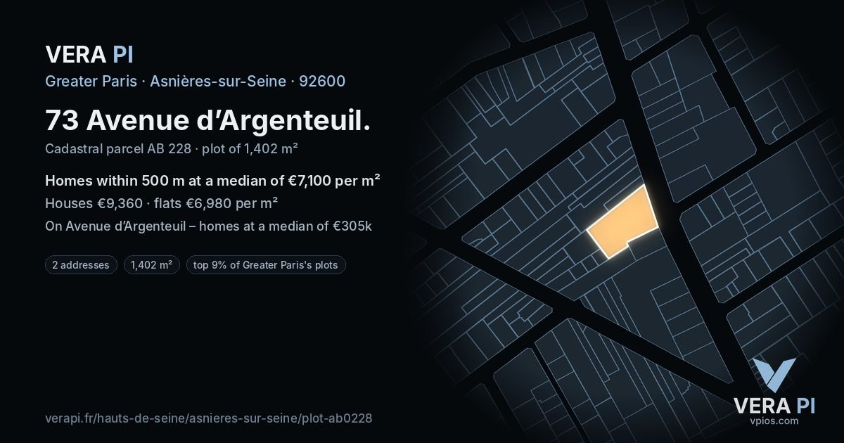 73 Avenue d’Argenteuil, Asnières-sur-Seine at night – the plot lit, the parcels around coloured by the prices near them