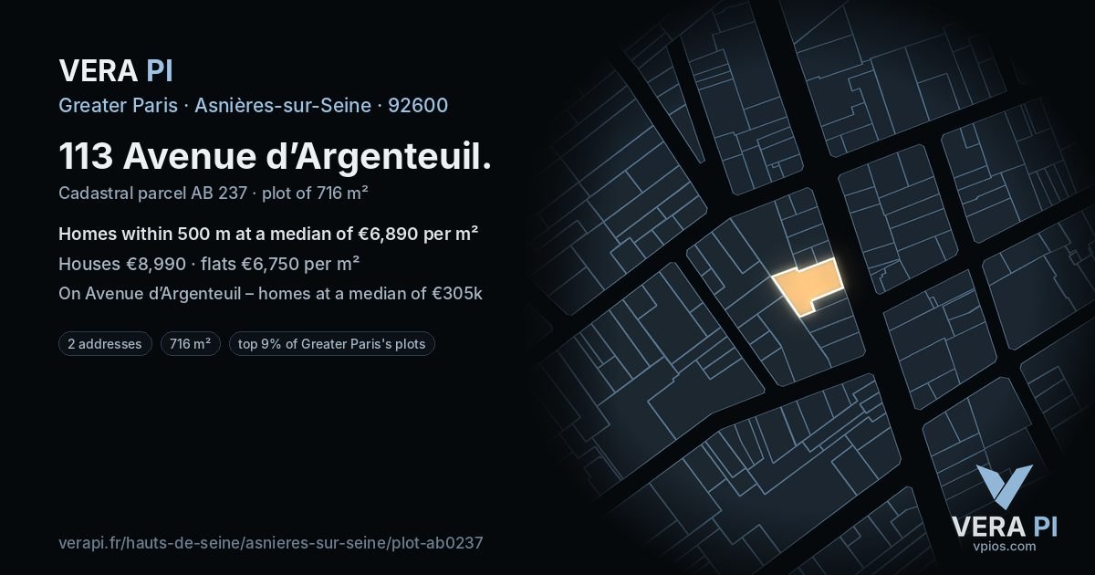 113 Avenue d’Argenteuil, Asnières-sur-Seine at night – the plot lit, the parcels around coloured by the prices near them