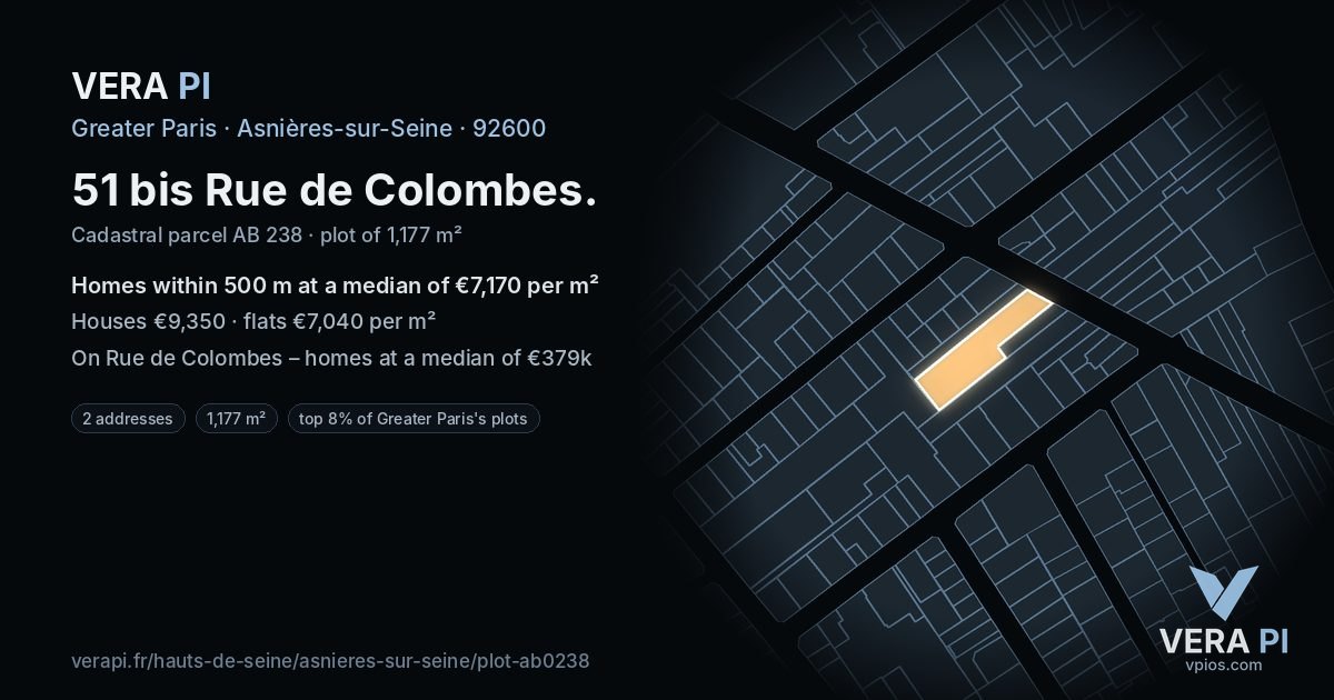 51 bis Rue de Colombes, Asnières-sur-Seine at night – the plot lit, the parcels around coloured by the prices near them
