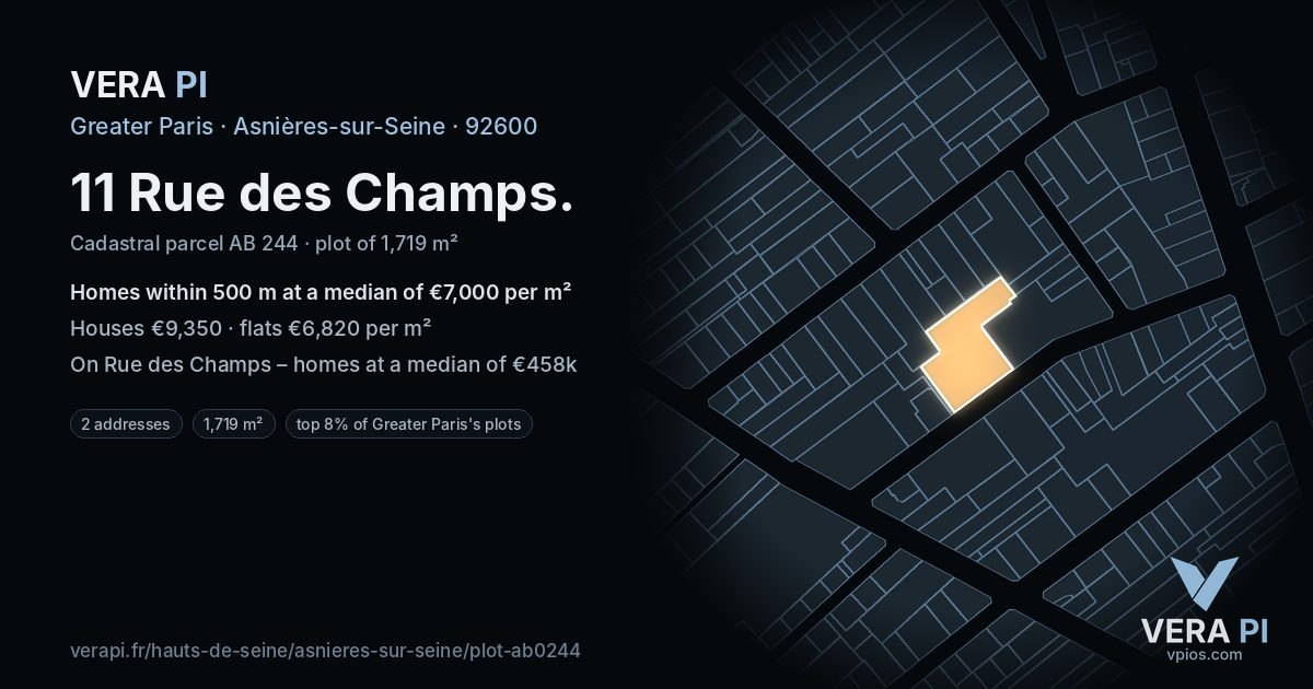 11 Rue des Champs, Asnières-sur-Seine at night – the plot lit, the parcels around coloured by the prices near them