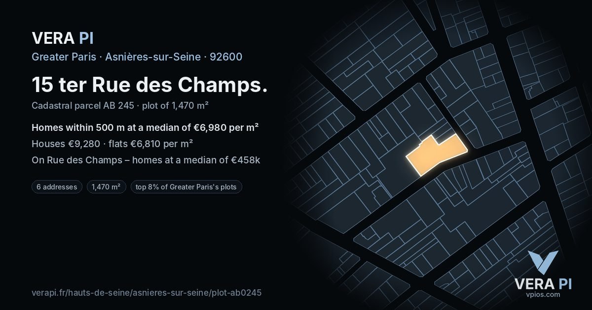 15 ter Rue des Champs, Asnières-sur-Seine at night – the plot lit, the parcels around coloured by the prices near them