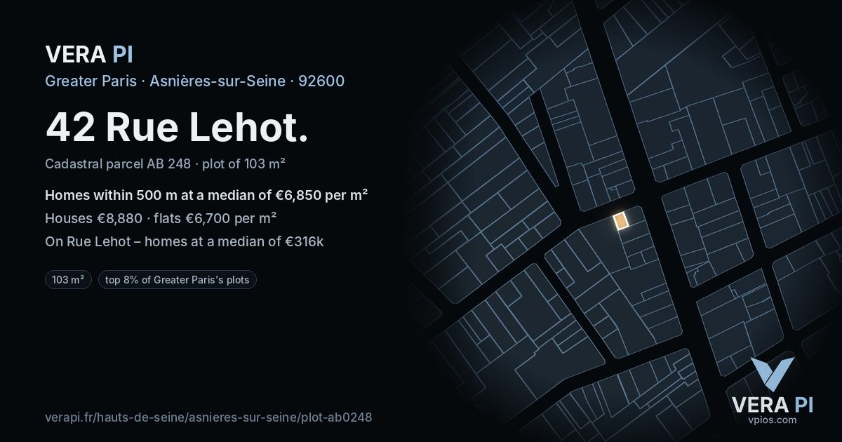42 Rue Lehot, Asnières-sur-Seine at night – the plot lit, the parcels around coloured by the prices near them