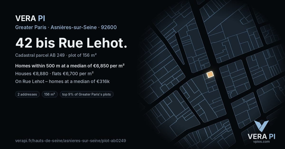 42 bis Rue Lehot, Asnières-sur-Seine at night – the plot lit, the parcels around coloured by the prices near them