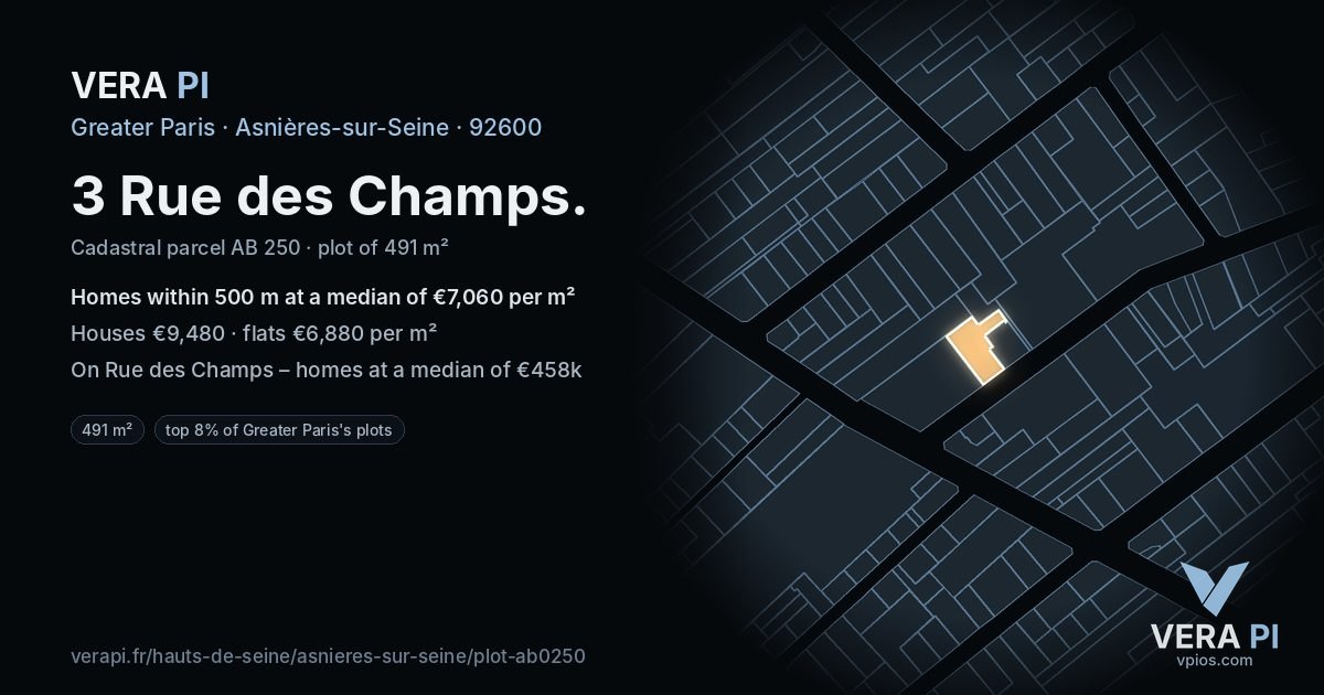 3 Rue des Champs, Asnières-sur-Seine at night – the plot lit, the parcels around coloured by the prices near them