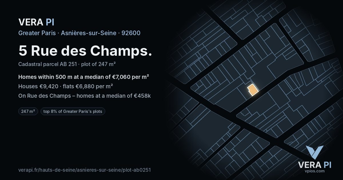 5 Rue des Champs, Asnières-sur-Seine at night – the plot lit, the parcels around coloured by the prices near them