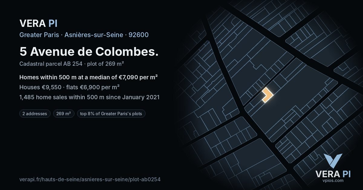 5 Avenue de Colombes, Asnières-sur-Seine at night – the plot lit, the parcels around coloured by the prices near them