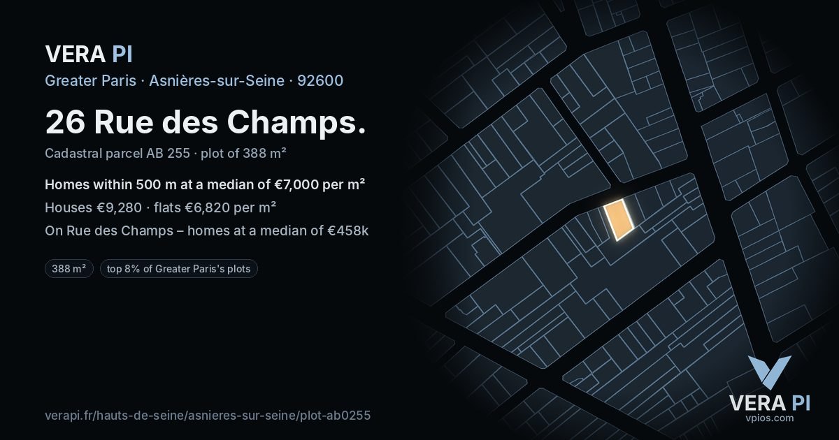 26 Rue des Champs, Asnières-sur-Seine at night – the plot lit, the parcels around coloured by the prices near them