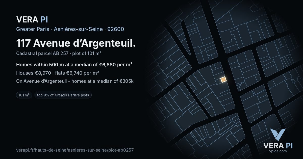 117 Avenue d’Argenteuil, Asnières-sur-Seine at night – the plot lit, the parcels around coloured by the prices near them