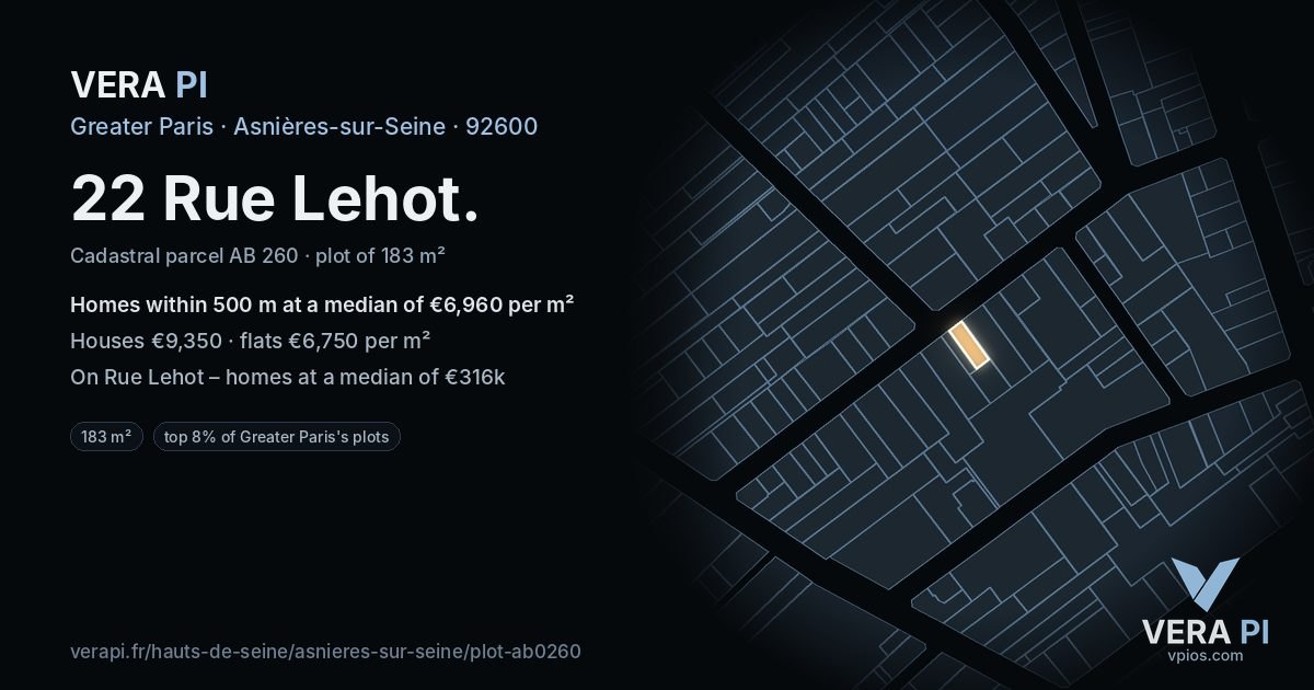22 Rue Lehot, Asnières-sur-Seine at night – the plot lit, the parcels around coloured by the prices near them
