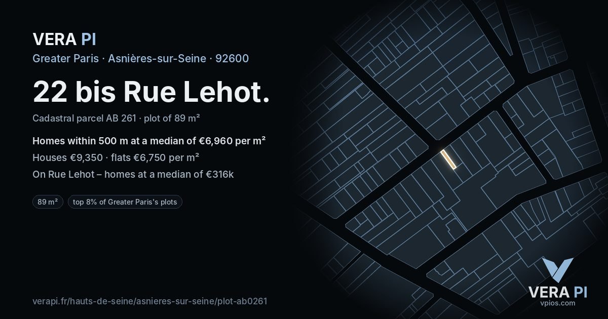 22 bis Rue Lehot, Asnières-sur-Seine at night – the plot lit, the parcels around coloured by the prices near them