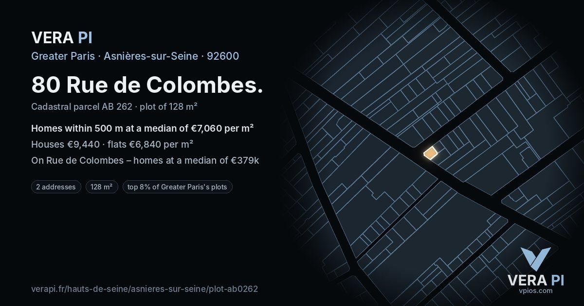 80 Rue de Colombes, Asnières-sur-Seine at night – the plot lit, the parcels around coloured by the prices near them