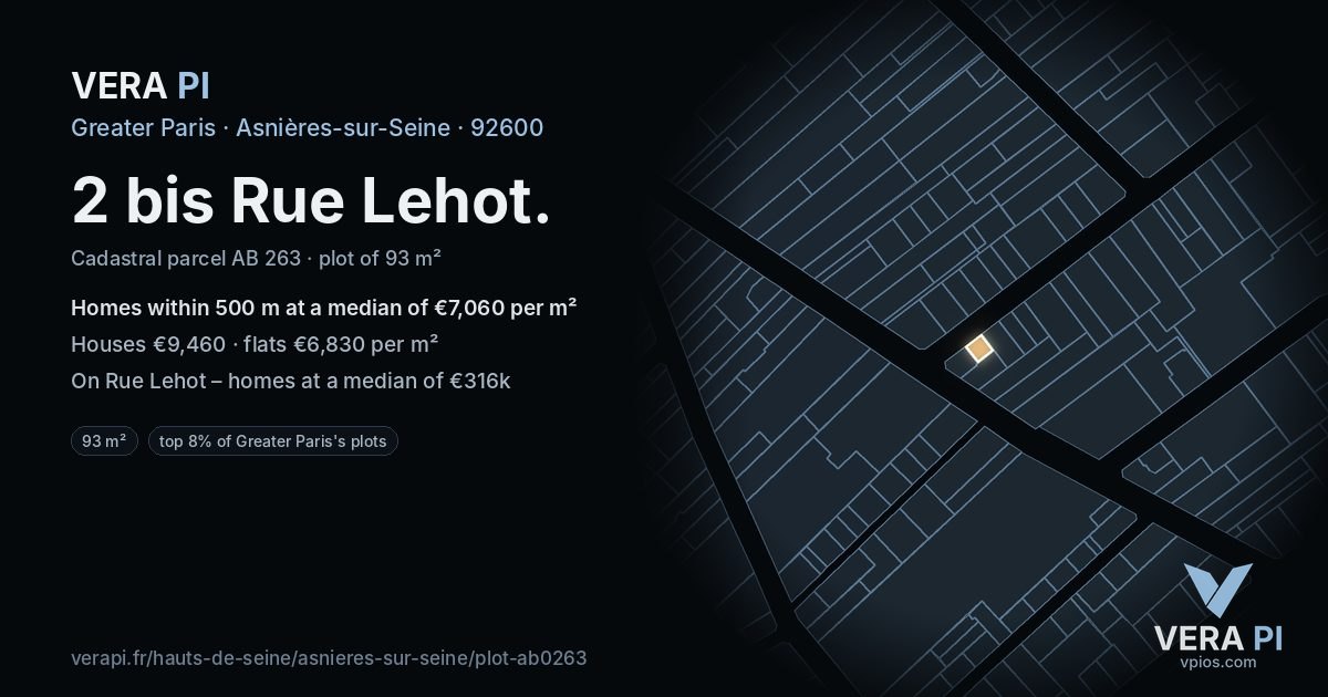 2 bis Rue Lehot, Asnières-sur-Seine at night – the plot lit, the parcels around coloured by the prices near them