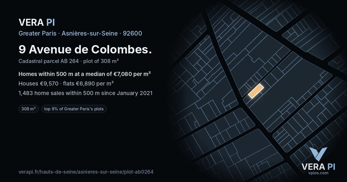 9 Avenue de Colombes, Asnières-sur-Seine at night – the plot lit, the parcels around coloured by the prices near them
