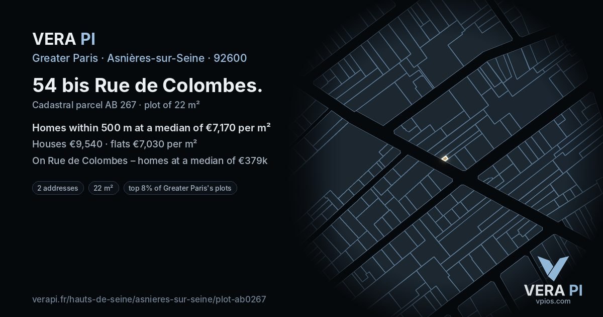 54 bis Rue de Colombes, Asnières-sur-Seine at night – the plot lit, the parcels around coloured by the prices near them