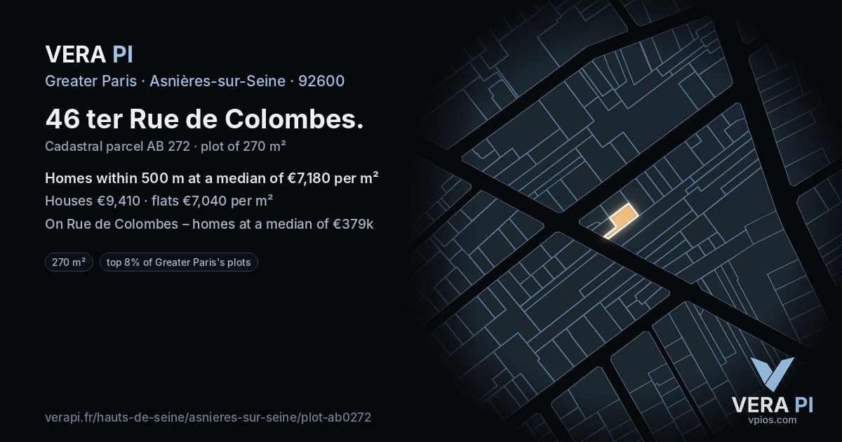 46 ter Rue de Colombes, Asnières-sur-Seine at night – the plot lit, the parcels around coloured by the prices near them
