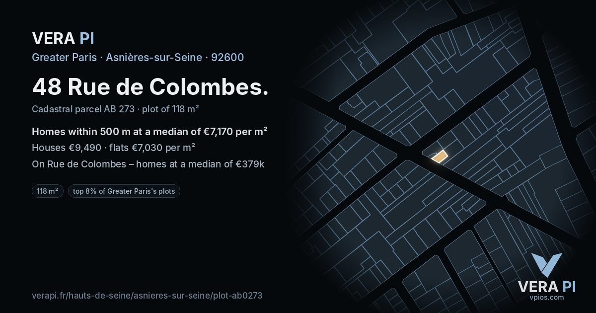 48 Rue de Colombes, Asnières-sur-Seine at night – the plot lit, the parcels around coloured by the prices near them