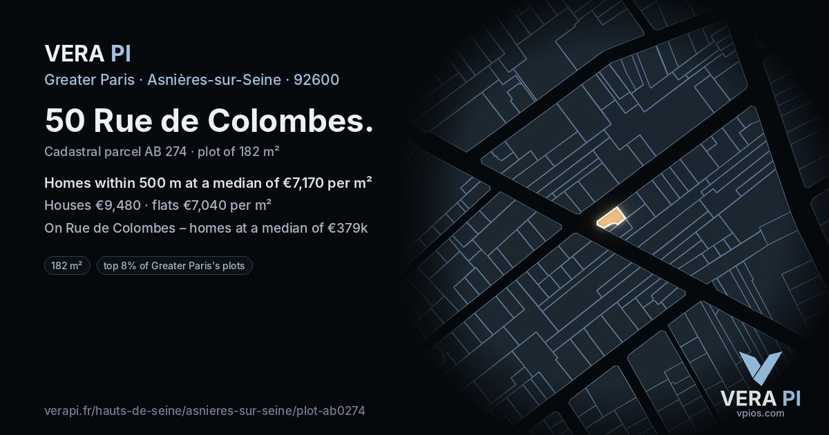 50 Rue de Colombes, Asnières-sur-Seine at night – the plot lit, the parcels around coloured by the prices near them