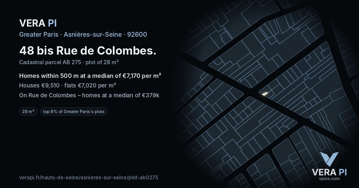 48 bis Rue de Colombes, Asnières-sur-Seine at night – the plot lit, the parcels around coloured by the prices near them