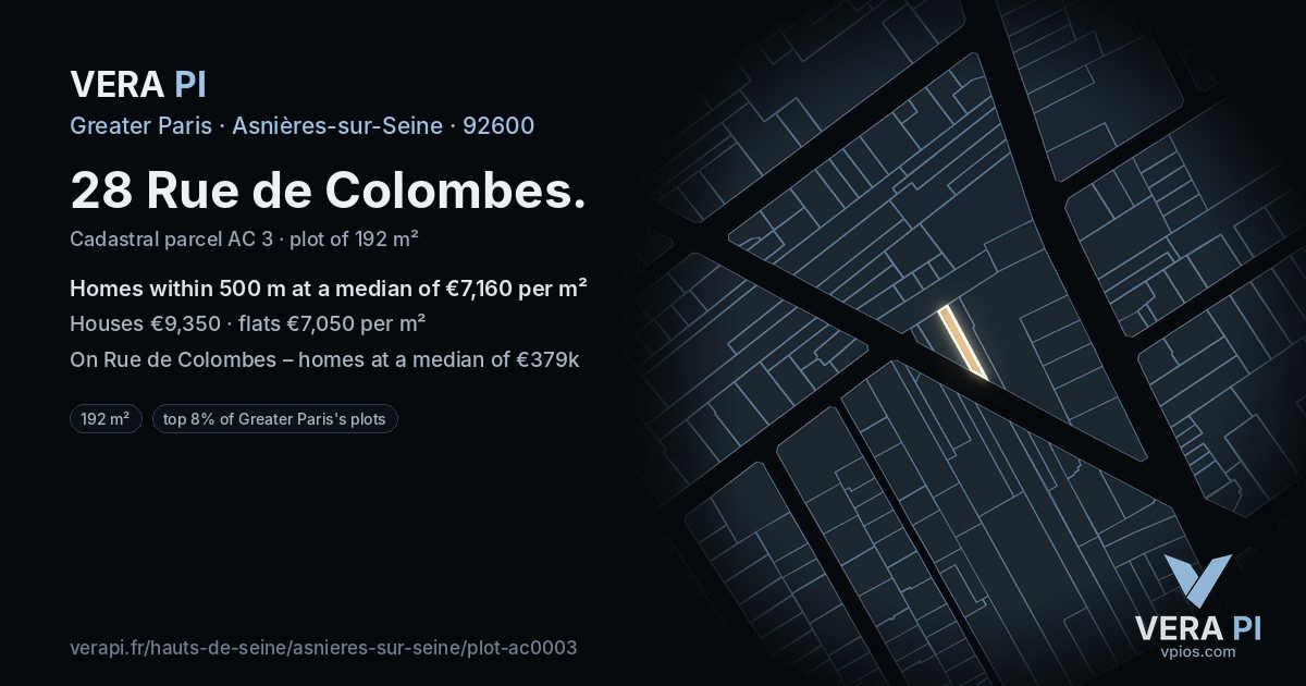 28 Rue de Colombes, Asnières-sur-Seine at night – the plot lit, the parcels around coloured by the prices near them