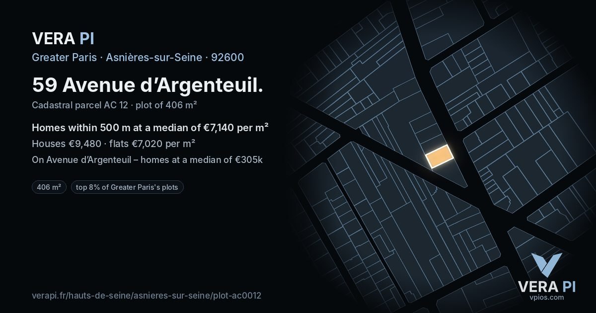 59 Avenue d’Argenteuil, Asnières-sur-Seine at night – the plot lit, the parcels around coloured by the prices near them