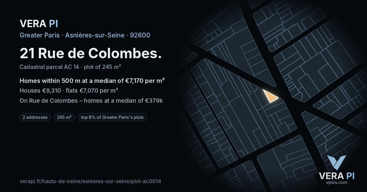 21 Rue de Colombes, Asnières-sur-Seine at night – the plot lit, the parcels around coloured by the prices near them