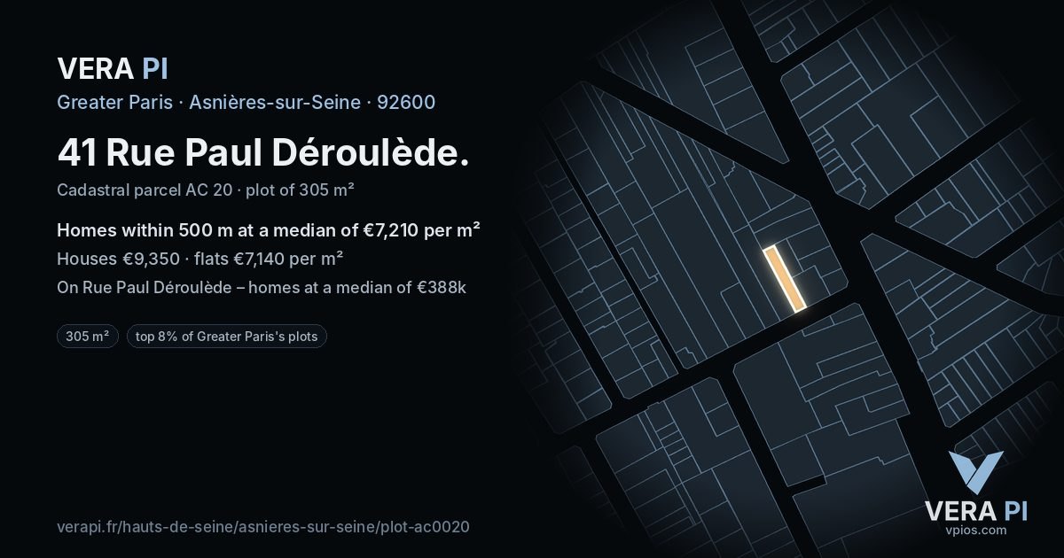 41 Rue Paul Déroulède, Asnières-sur-Seine at night – the plot lit, the parcels around coloured by the prices near them