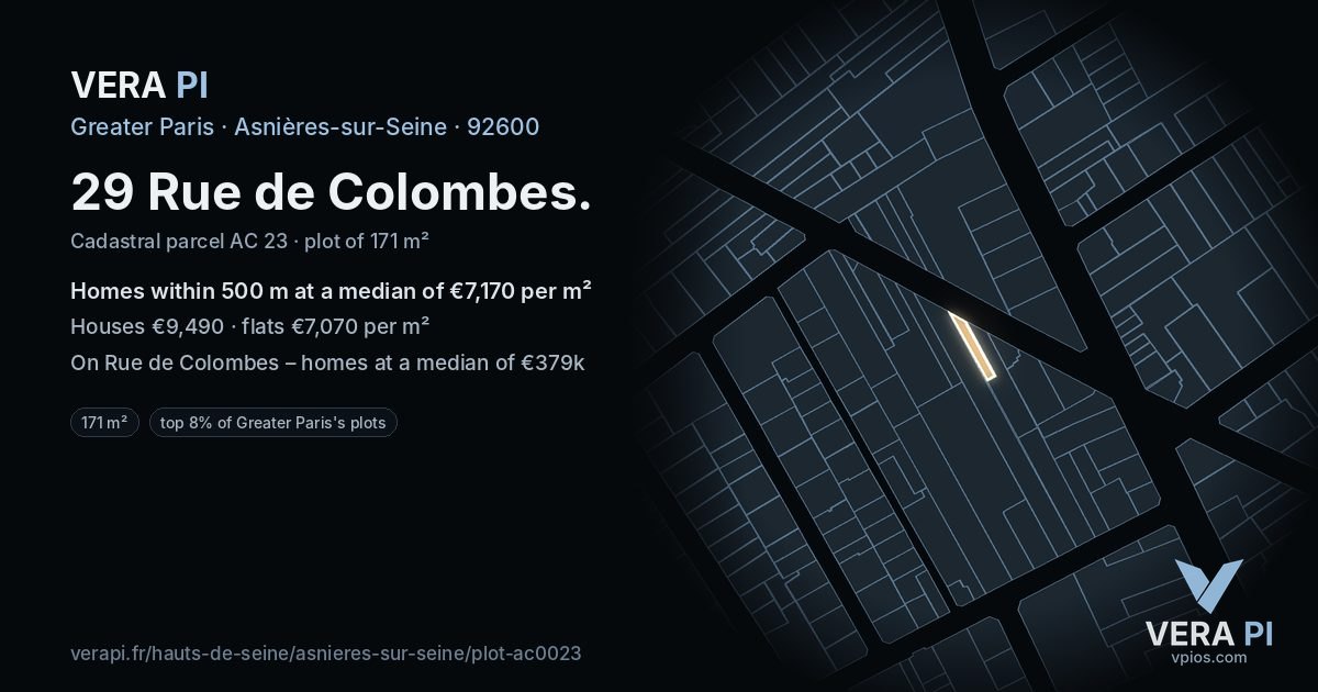 29 Rue de Colombes, Asnières-sur-Seine at night – the plot lit, the parcels around coloured by the prices near them