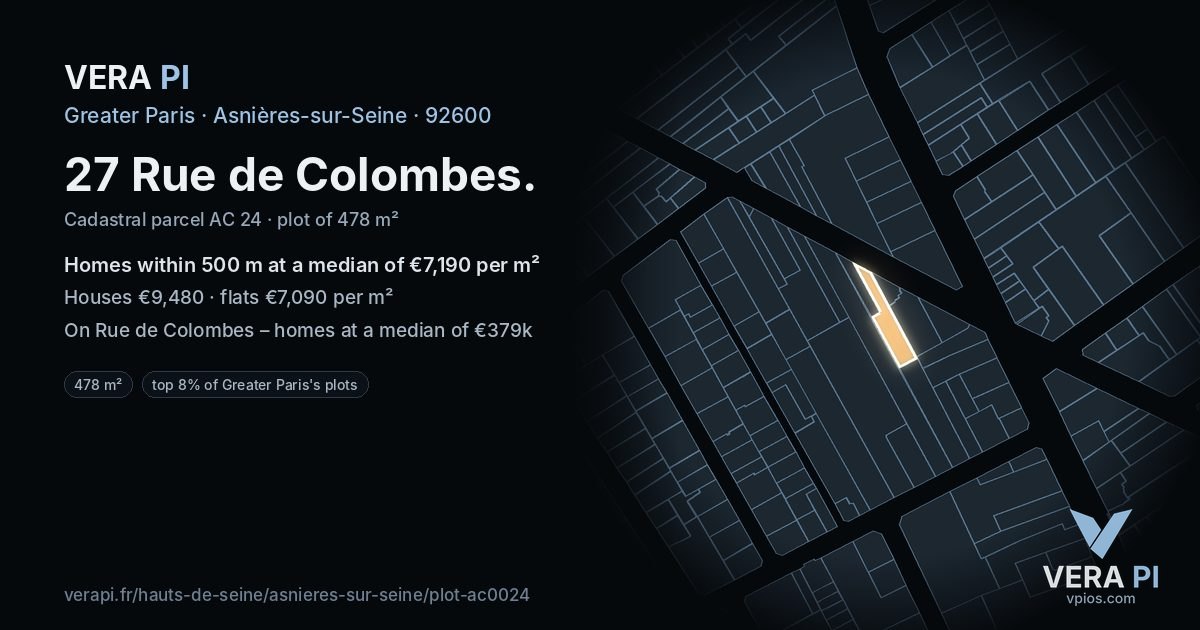 27 Rue de Colombes, Asnières-sur-Seine at night – the plot lit, the parcels around coloured by the prices near them