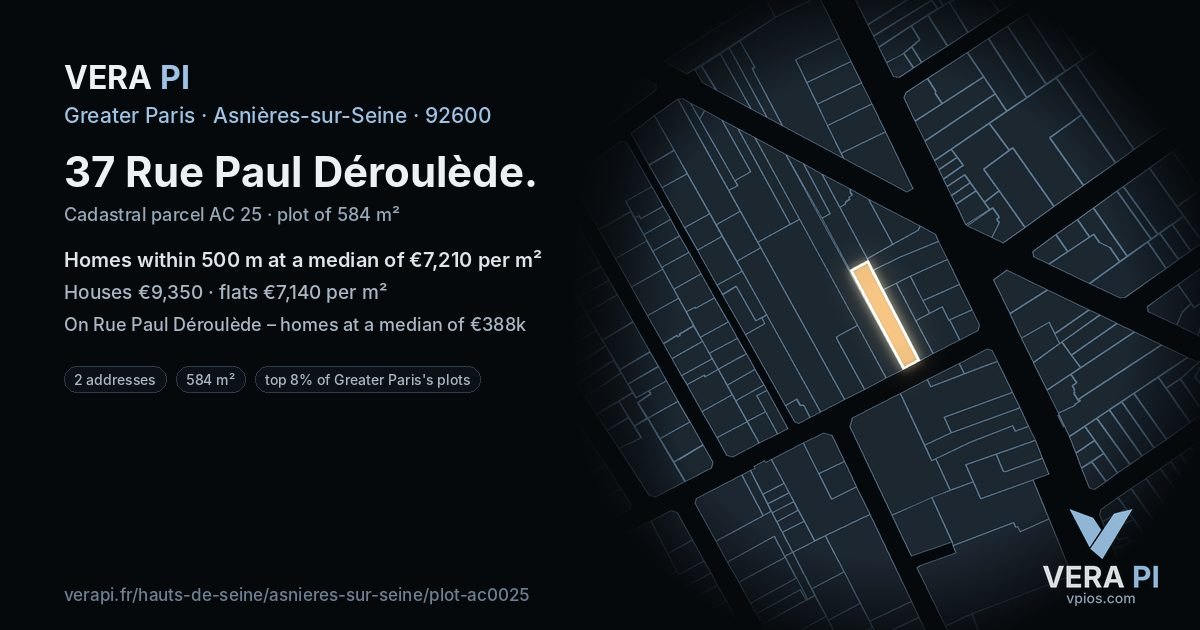 37 Rue Paul Déroulède, Asnières-sur-Seine at night – the plot lit, the parcels around coloured by the prices near them