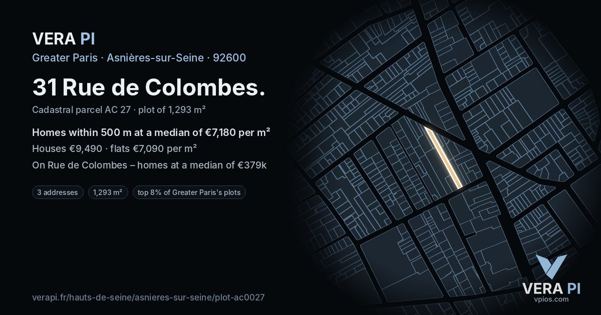 31 Rue de Colombes, Asnières-sur-Seine at night – the plot lit, the parcels around coloured by the prices near them