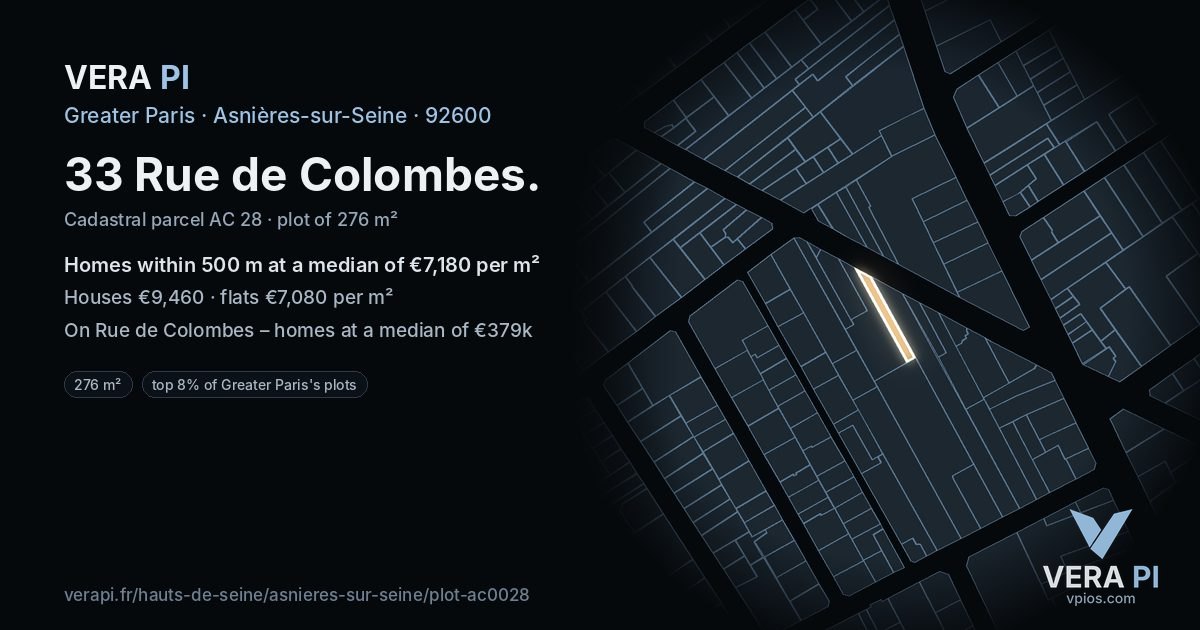 33 Rue de Colombes, Asnières-sur-Seine at night – the plot lit, the parcels around coloured by the prices near them