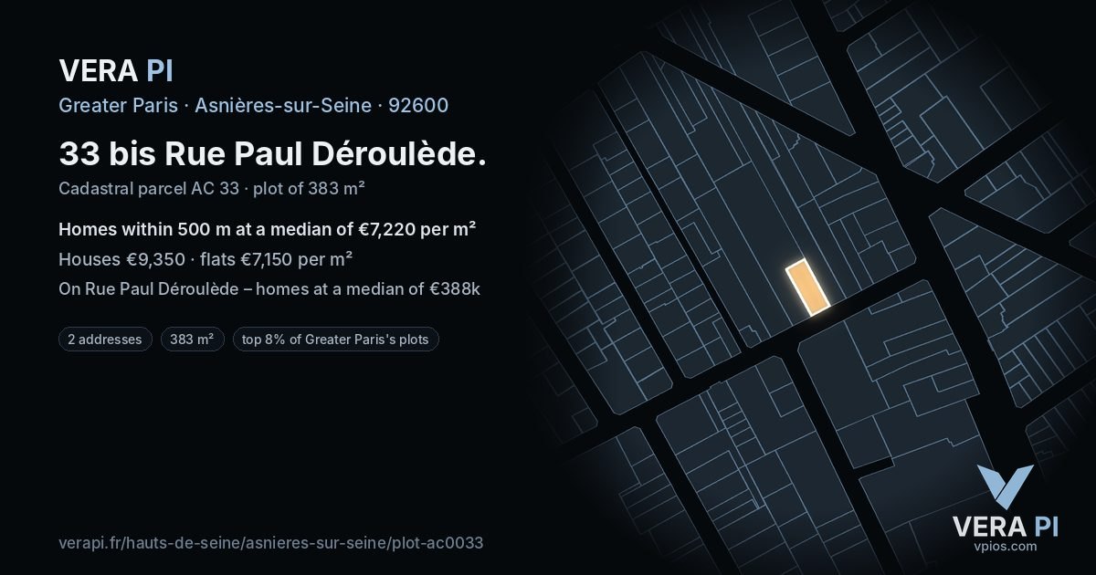 33 bis Rue Paul Déroulède, Asnières-sur-Seine at night – the plot lit, the parcels around coloured by the prices near them